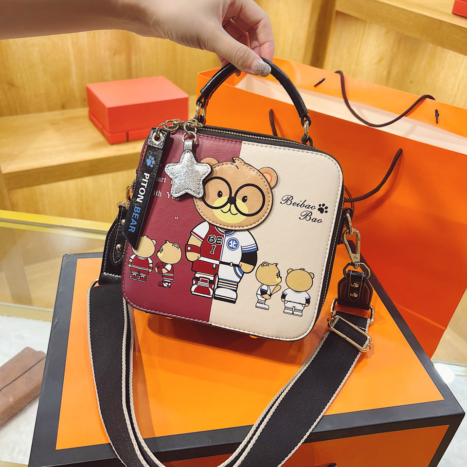 Printed Cartoon Teddy Bear Hand-Held Small Square Bag