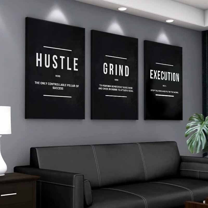 Modern Painting Triple - Black Background With White Characters