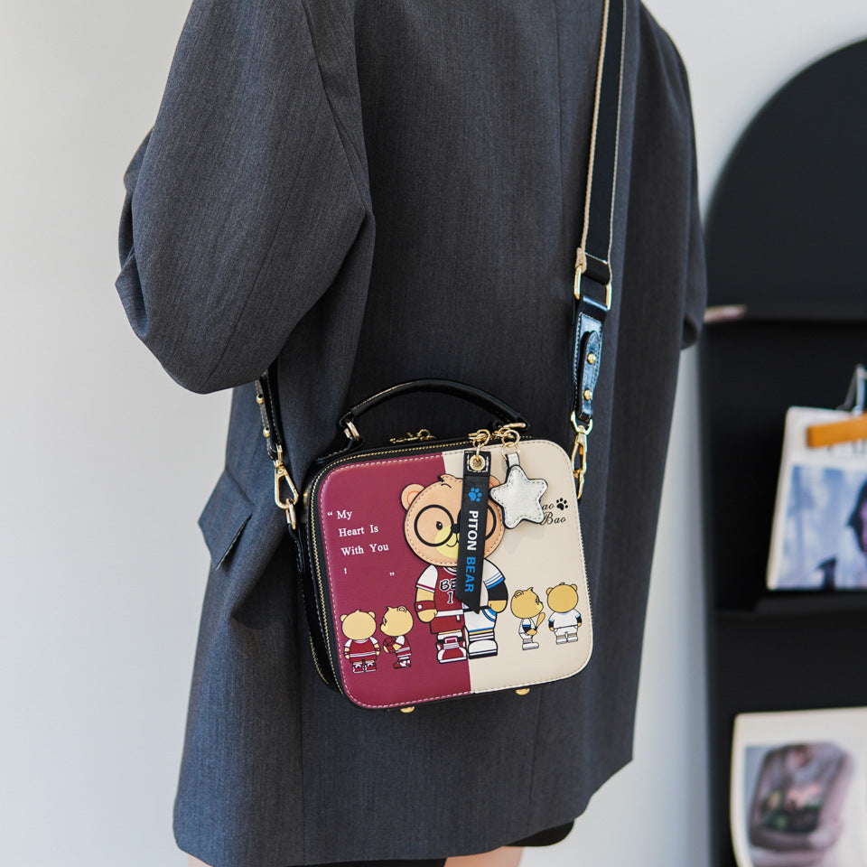 Printed Cartoon Teddy Bear Hand-Held Small Square Bag