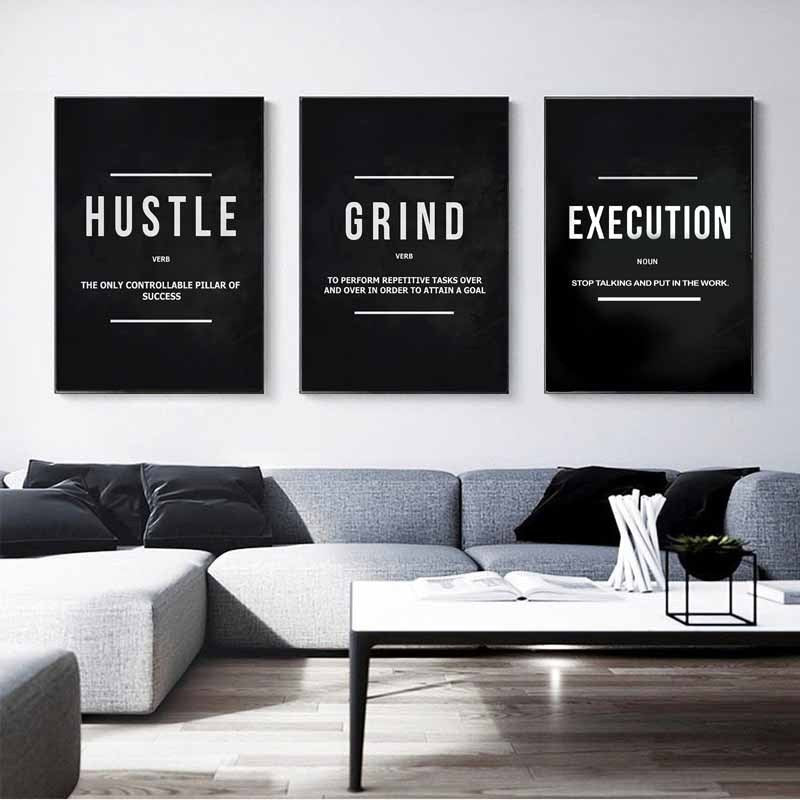 Modern Painting Triple - Black Background With White Characters