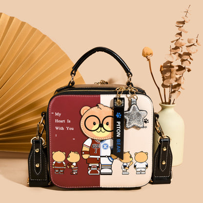Printed Cartoon Teddy Bear Hand-Held Small Square Bag